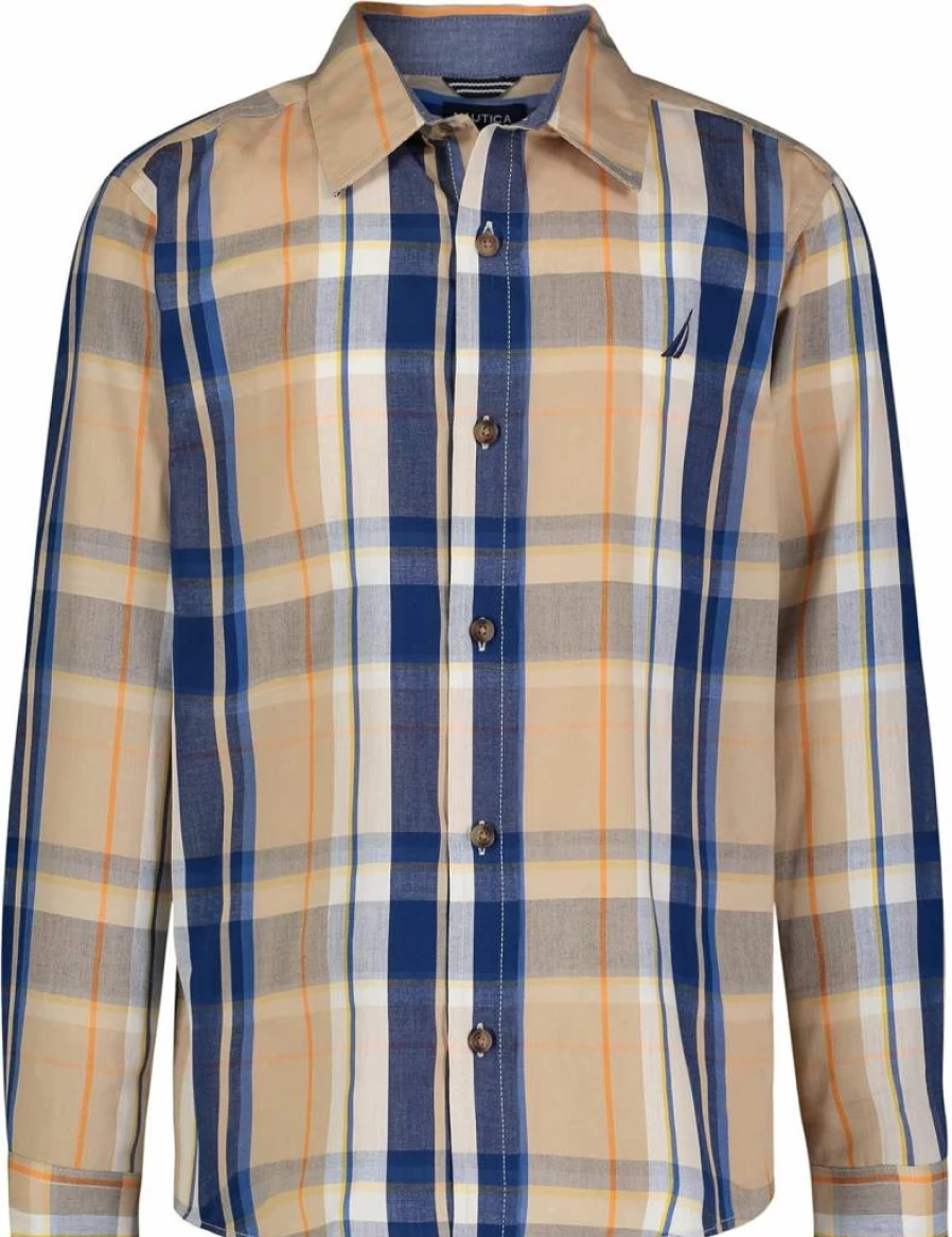 Nautica Boys' Classic Fit Long Sleeve Button-Down Shirt - Comfortable Woven Casual Top