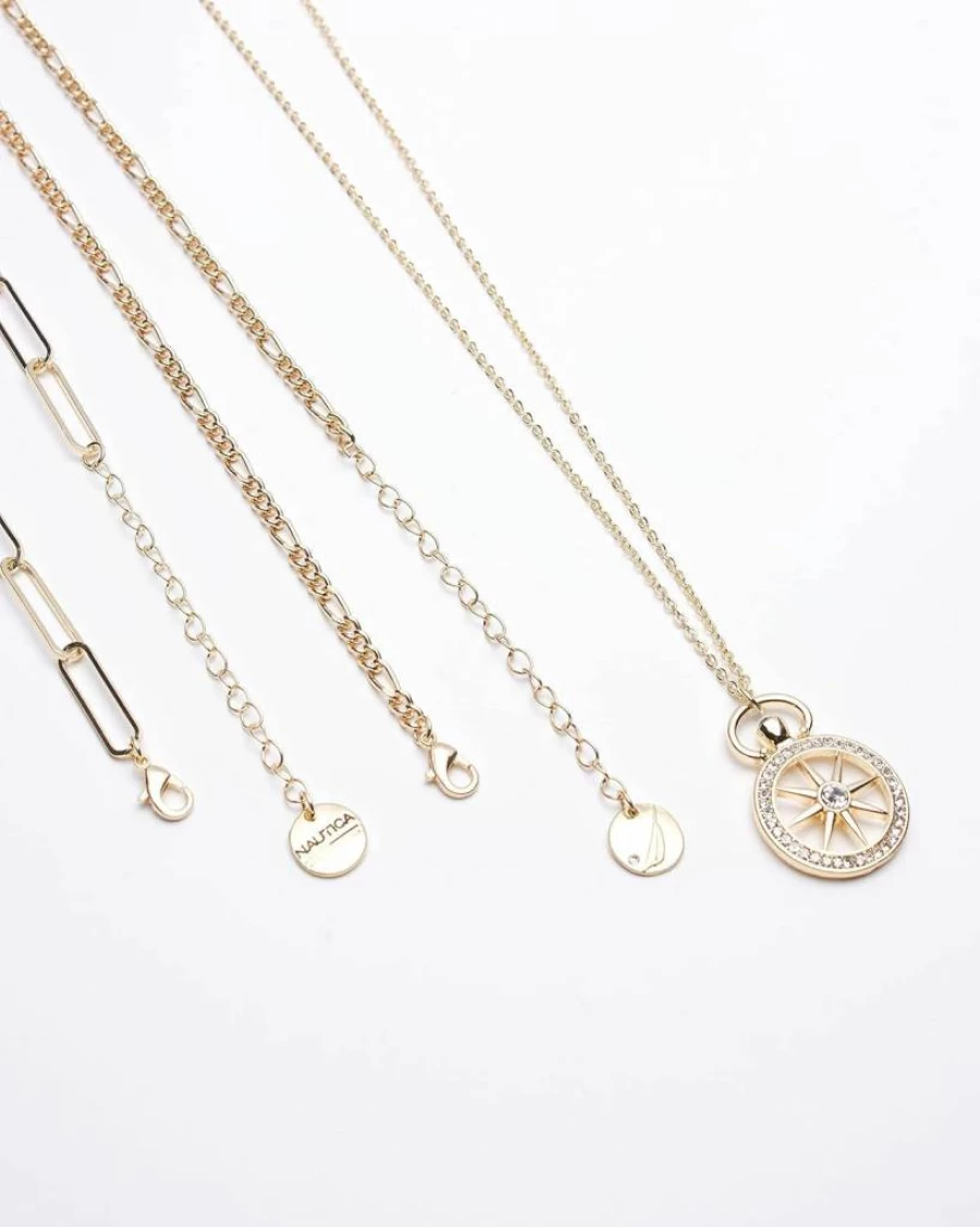 Nautica Women's 14K Gold Plated Brass Layered Chain Necklace with Compass Pendant - Three Row Trendy Jewelry