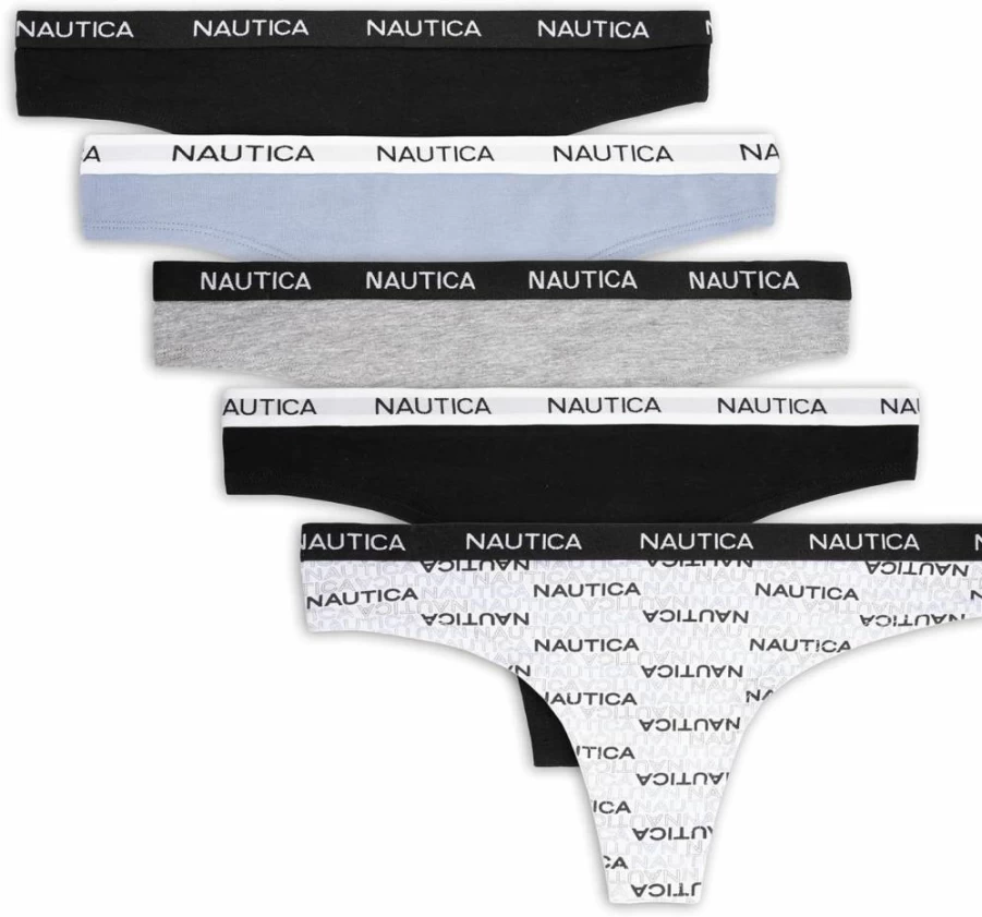 Nautica Women's 5-Pack Cotton Thong Underwear Set - Soft Comfortable Breathable Panties