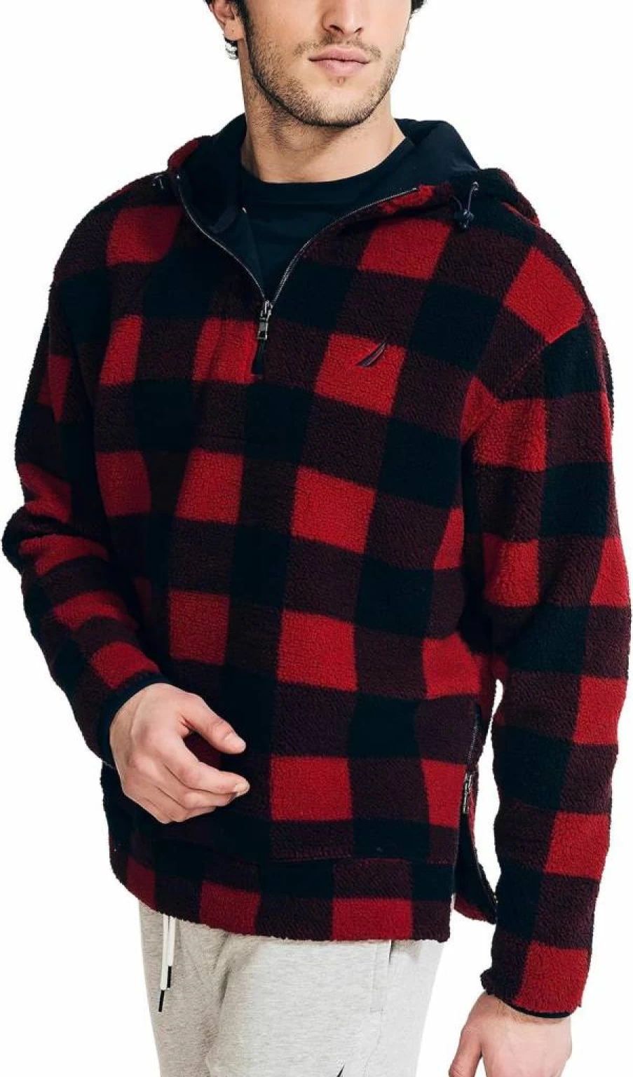 Nautica Men's Quarter-Zip Fleece Hoodie with Printed Design - Winter Pullover Jacket