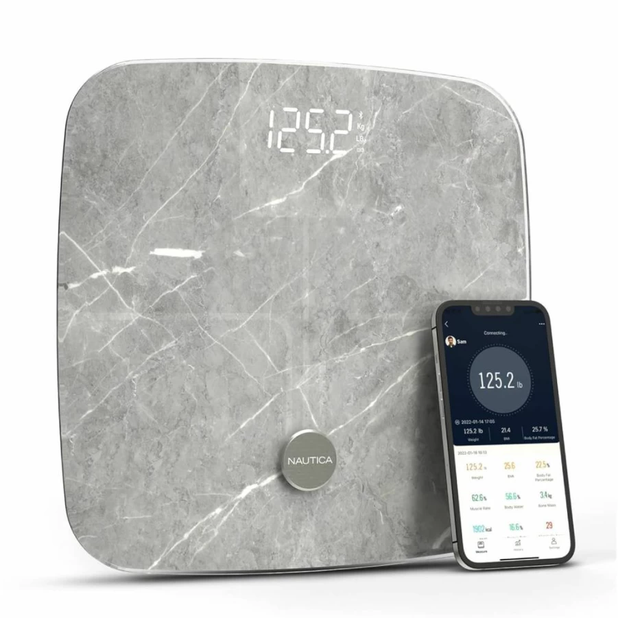NAUTICA Bluetooth Smart Bathroom Scale with BMI, Body Fat, Muscle Mass Tracking – Syncs to App, Digital Weight Scale for Body Composition, 440 lbs Capacity