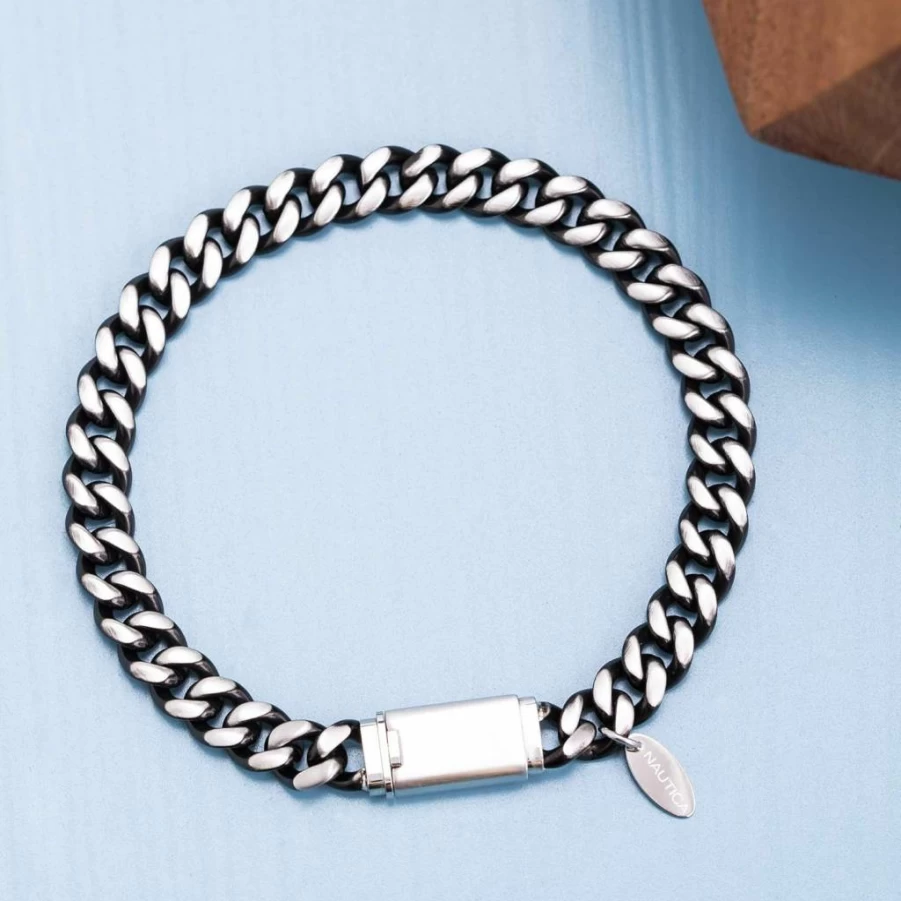 Nautica Men's Oxidized Stainless Steel Curb Chain Bracelet - Stylish Metal Link Wristband