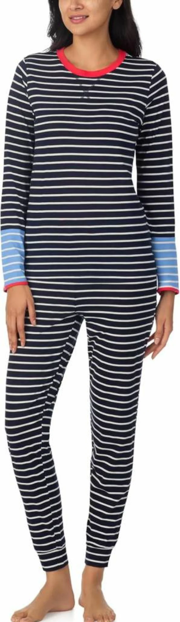 Nautica Women's Lightweight Striped Cotton Pajama Set - Long Sleeve Crewneck Shirt & Jogger Pants