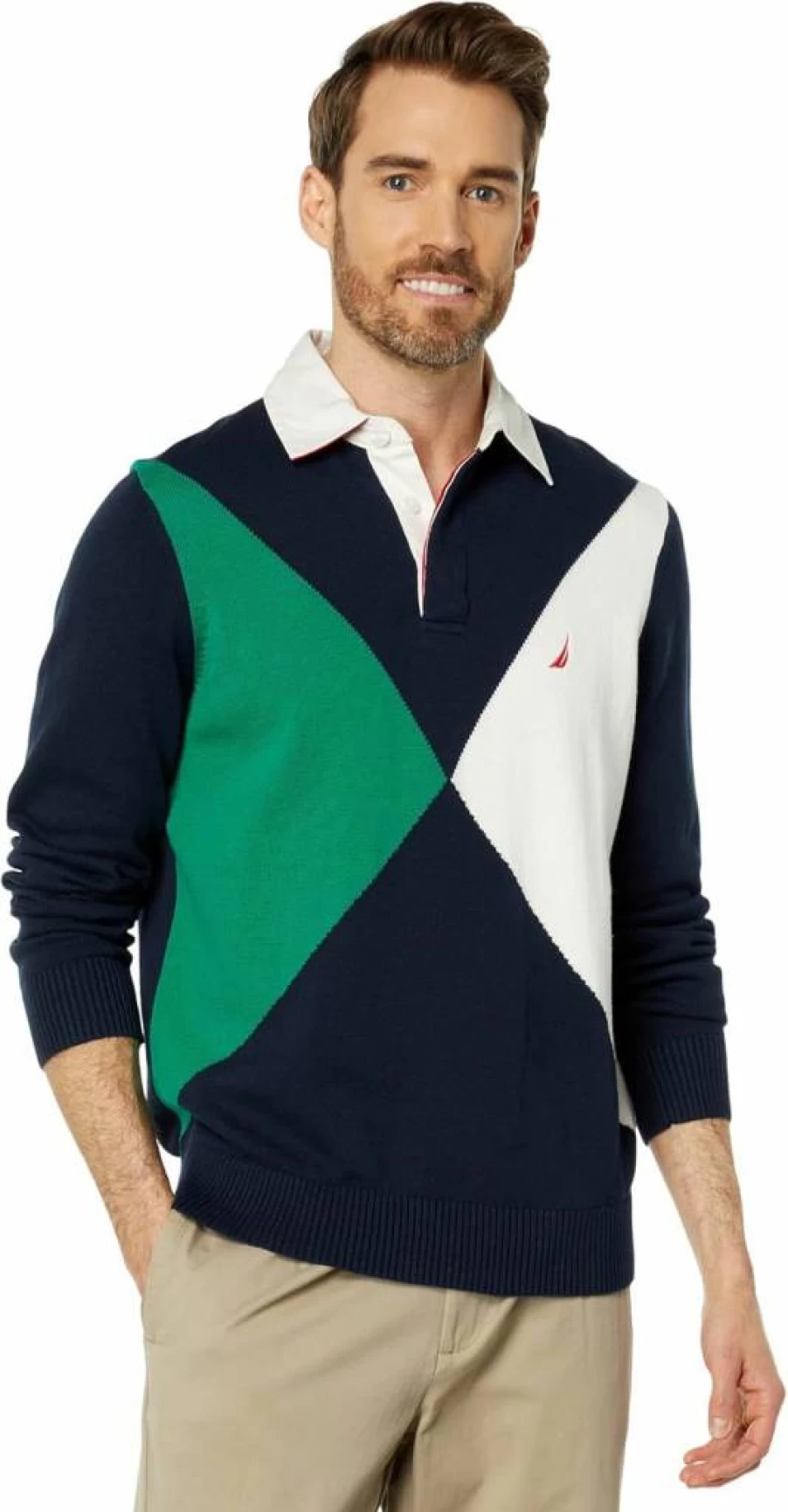 Nautica Men's Colorblock Rugby Sweater - Classic Striped Knit Pullover for Casual Wear