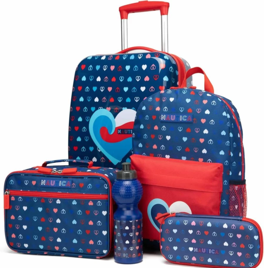 Nautica Kids 18" Hardside Carry-On Suitcase Set with Wheels | Airline Approved Rolling Luggage for Children | Pastel Travel Set (5-Piece)