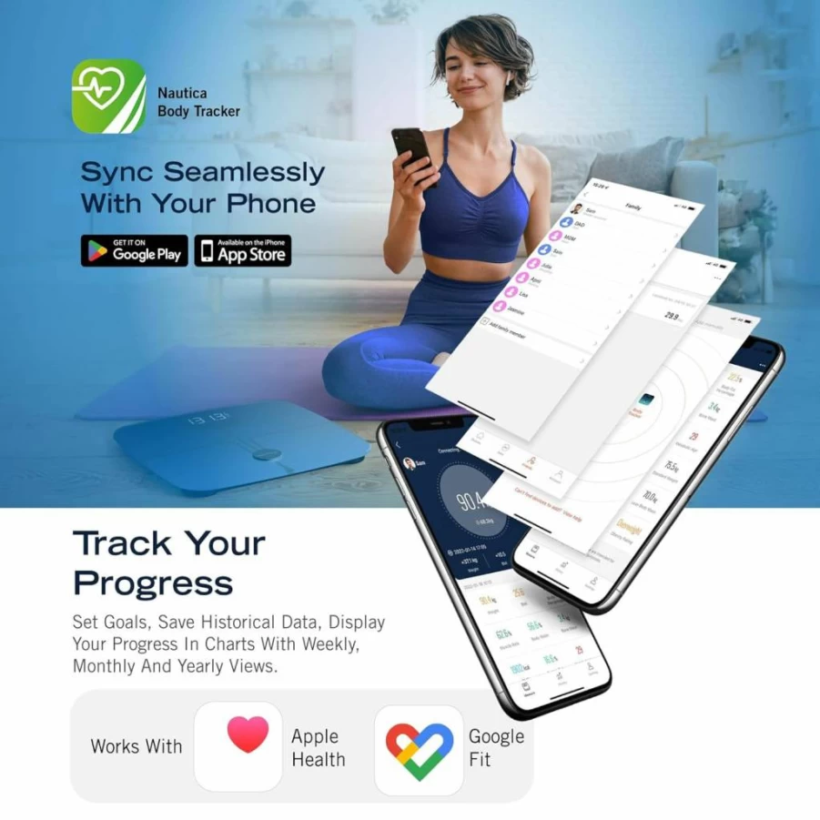 Nautica Bluetooth Smart Scale - Digital Bathroom BMI Body Fat Tracker, Syncs with App, Measures Weight, Muscle Mass, 440 lbs Capacity