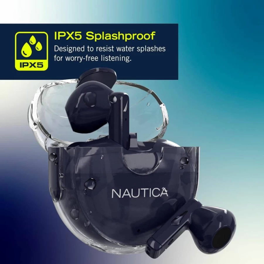 Nautica Wireless Bluetooth Earbuds with 6H Playtime, Bluetooth 5.1, IPX5 Waterproof, Hands-Free Calling, Lightweight Transparent Design for iPhone & Android (Very Peri)