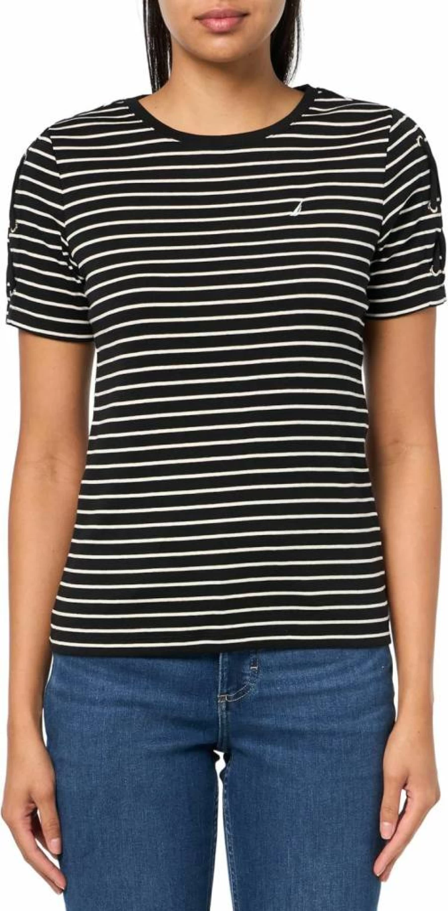 Nautica Women's Cotton Crewneck T-Shirt with Lace-Up Sleeve Detail - Stylish Casual Top