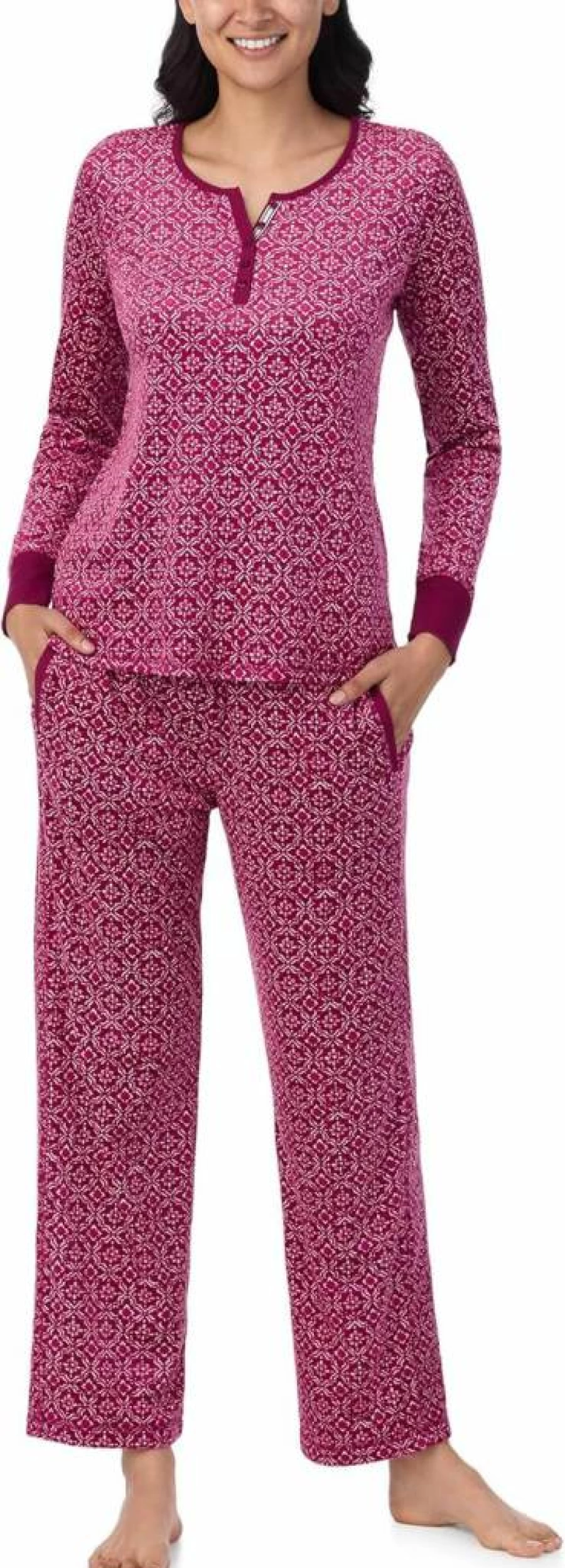 Nautica Women's Winter Fleece Pajama Set - Long Sleeve Henley Top & Pants for Cozy Sleepwear and Lounge