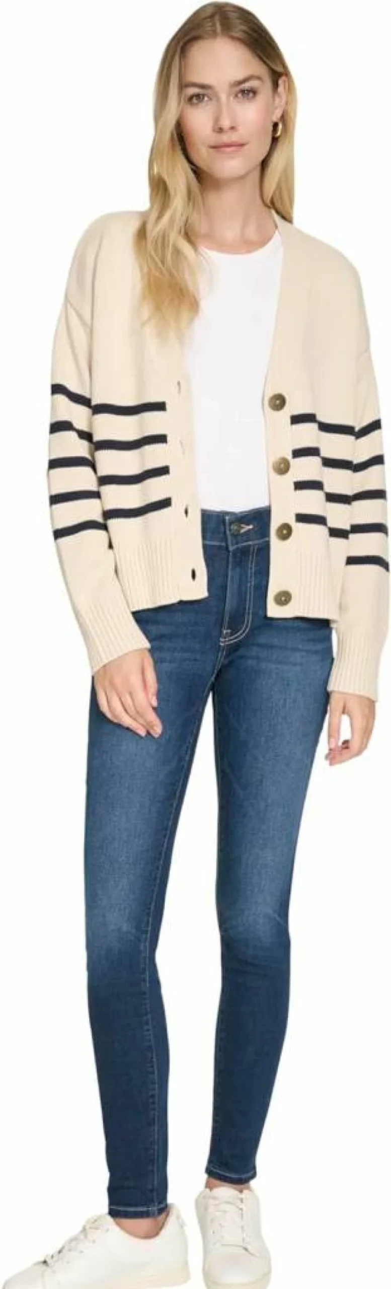 Nautica Women's Striped V-Neck Long Sleeve Cardigan Sweater - Casual Knit Open Front Wrap