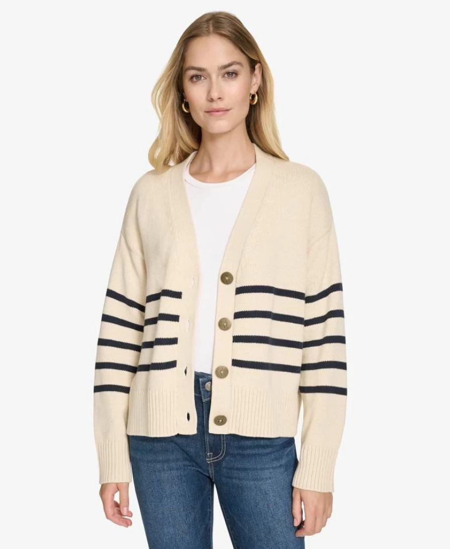Nautica Women's Striped V-Neck Long Sleeve Cardigan Sweater - Casual Knit Open Front Wrap