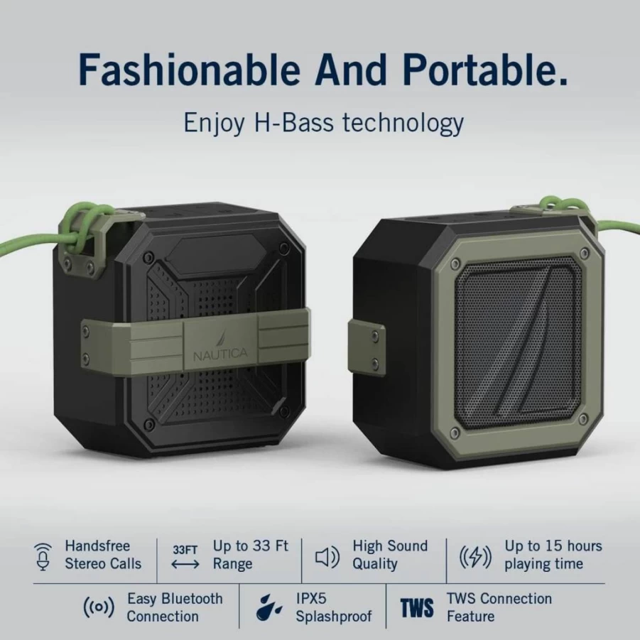Nautica NTSP01 Waterproof Bluetooth Speaker - Portable Wireless Outdoor Speaker with Bass, IPX7 Rating, 20H Playtime, for Travel, Beach, Pool (Black-Khaki)