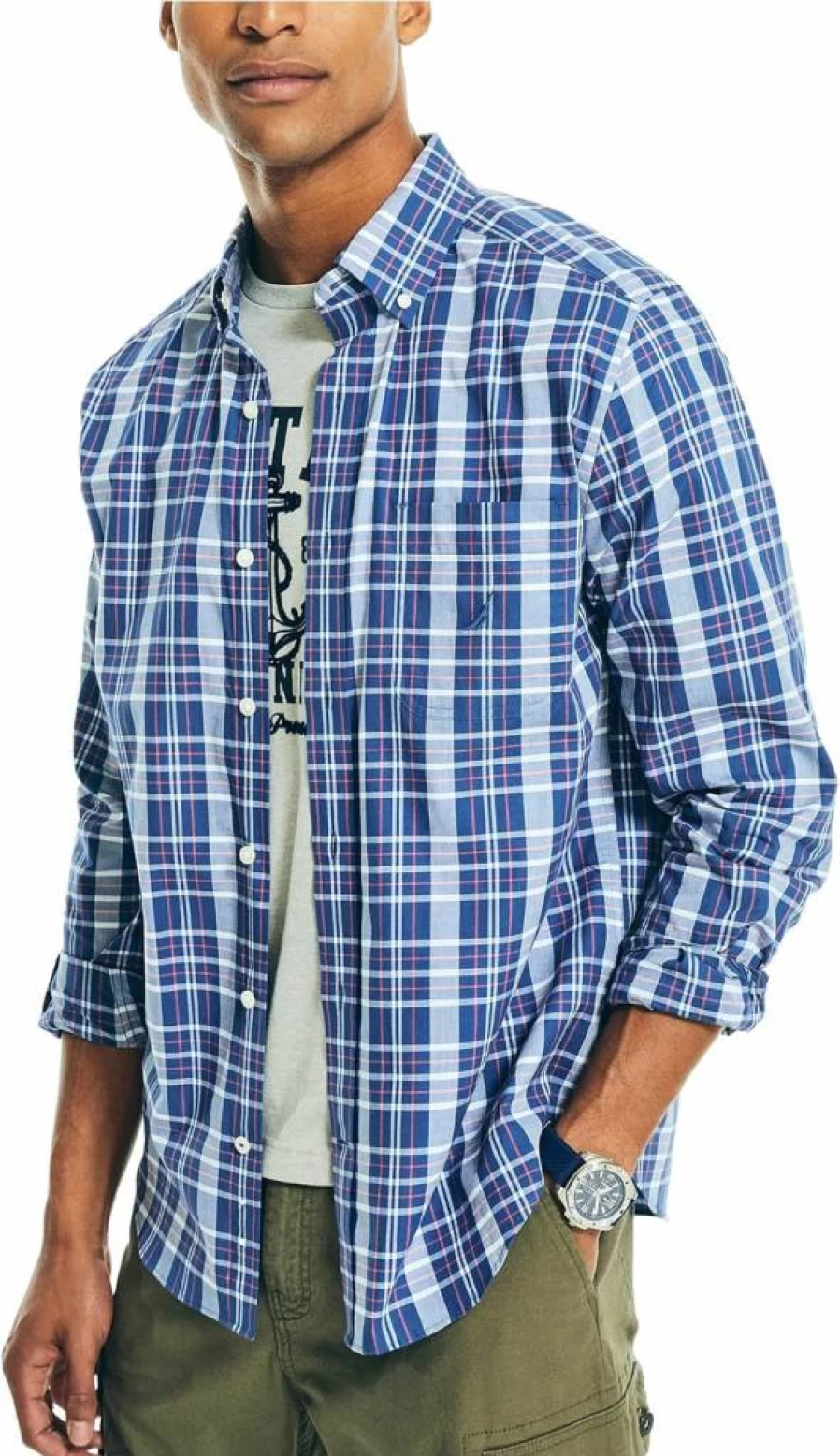 Nautica Men's Classic Plaid Button-Down Shirt in Lightweight Poplin for Casual Wear