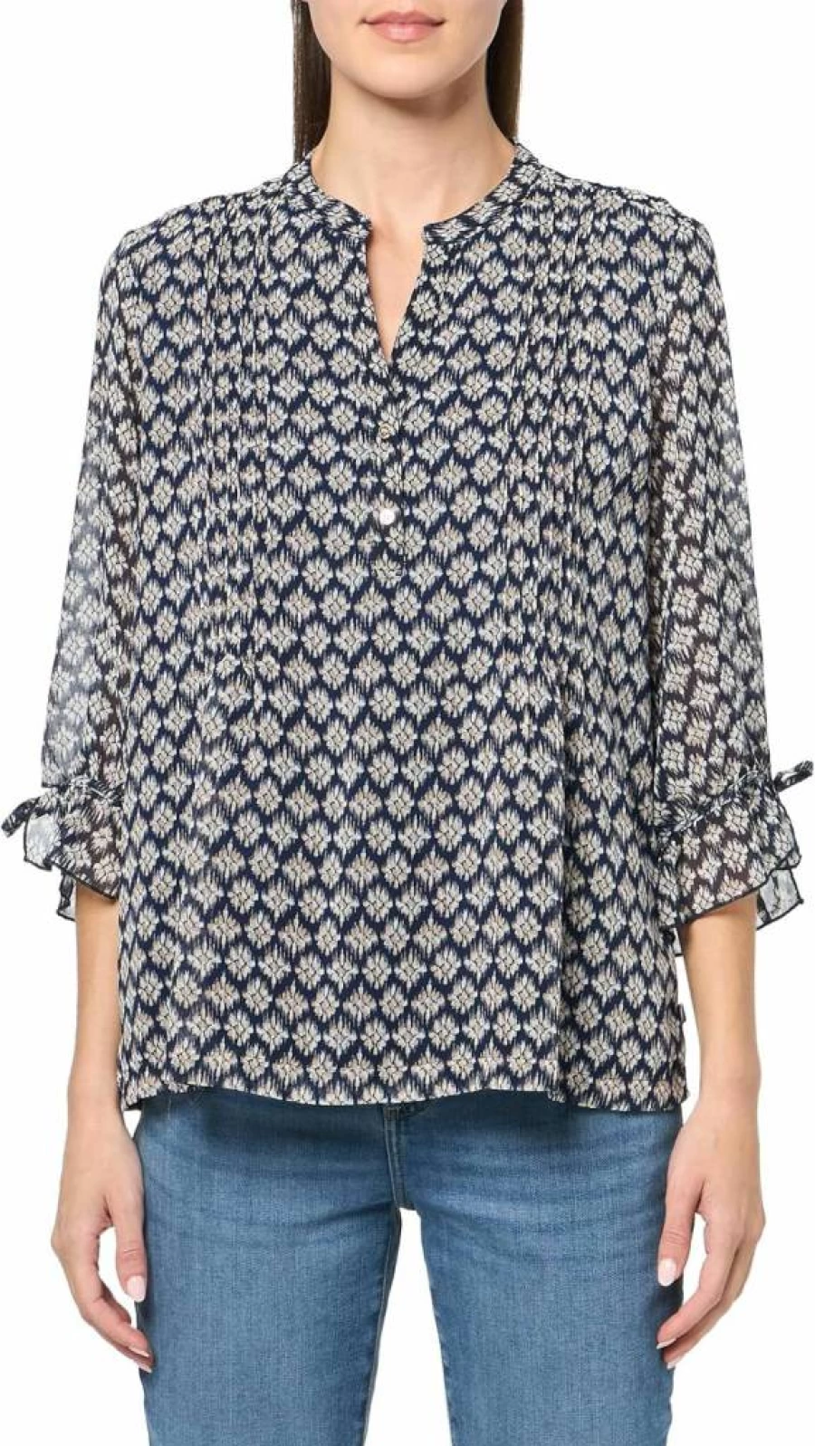 Nautica Women's Floral Print Pintuck Blouse - Stylish Mixed Media Foulard Design Top