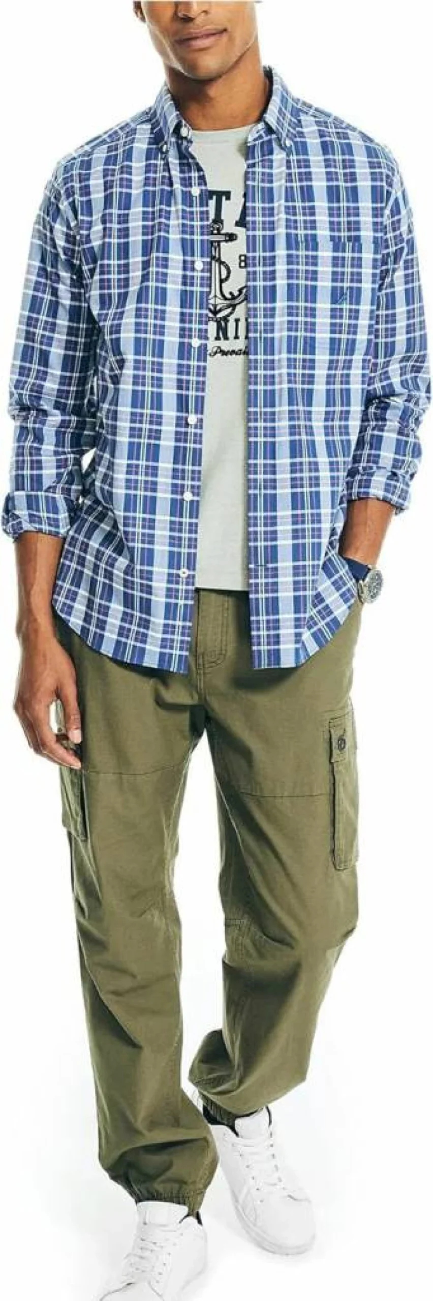 Nautica Men's Classic Plaid Poplin Button-Down Shirt for Casual Wear