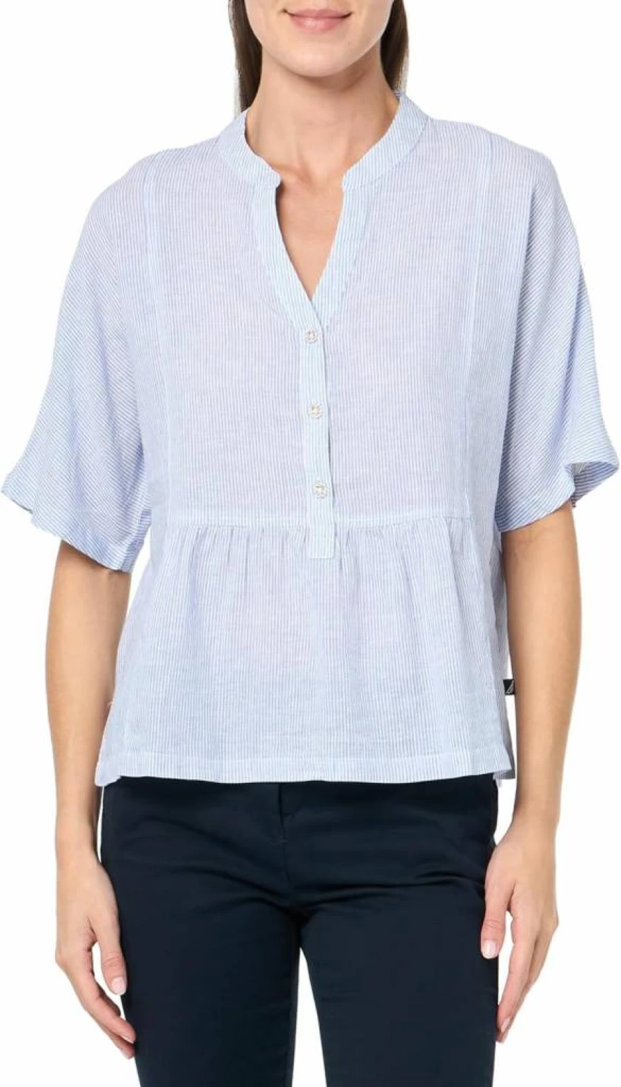 Nautica Women's Linen Blend Short Sleeve Shirt - Casual Popover Top for Summer