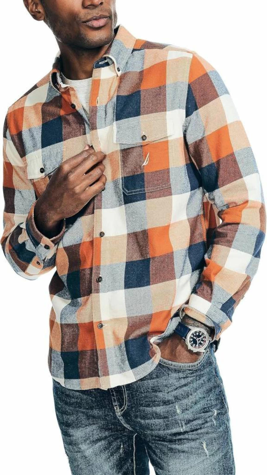 Nautica Men's Sustainable Plaid Flannel Shirt – Eco-Friendly Casual Wear
