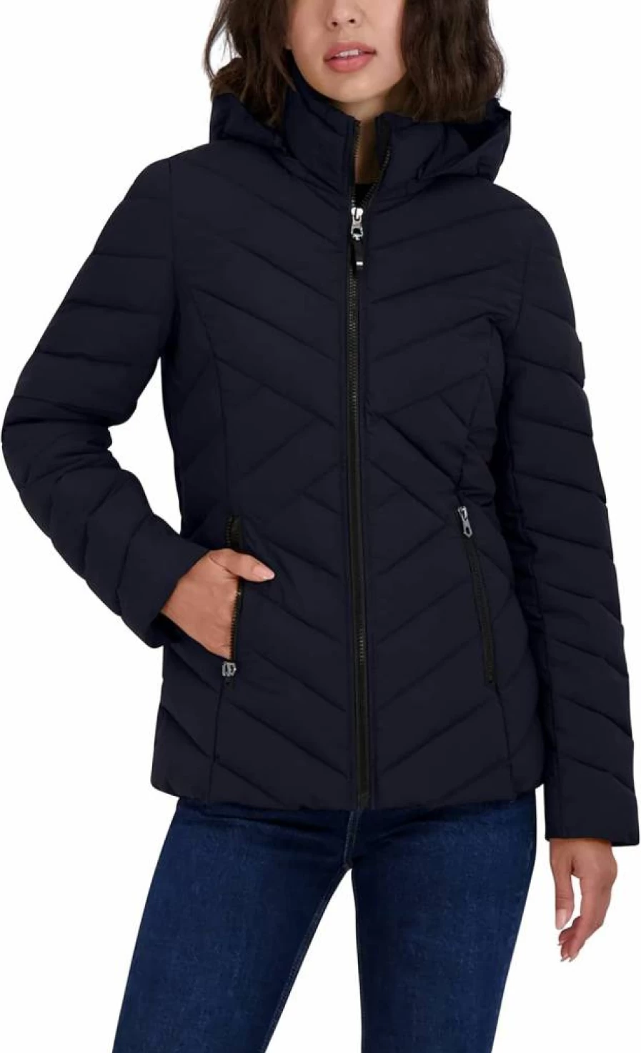 Nautica Women's Lightweight Puffer Jacket with Removable Hood - Stretchable Short Winter Coat
