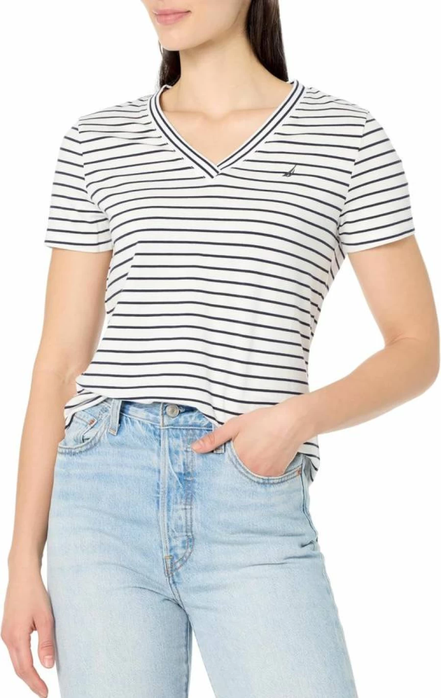 Nautica Women's Striped V-Neck Short Sleeve Casual T-Shirt for Summer