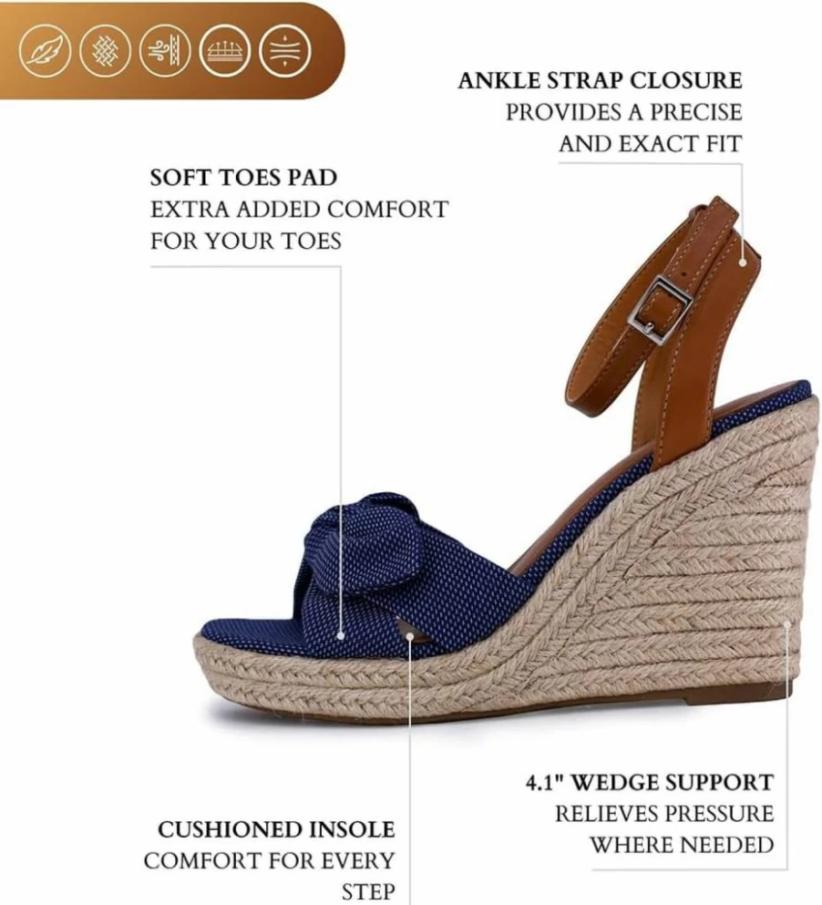 Nautica Women's Comfortable Wedge Sandals with Ankle Strap and Bow - Summer Open Toe Espadrille Platform Heel for Beach and Casual Wear