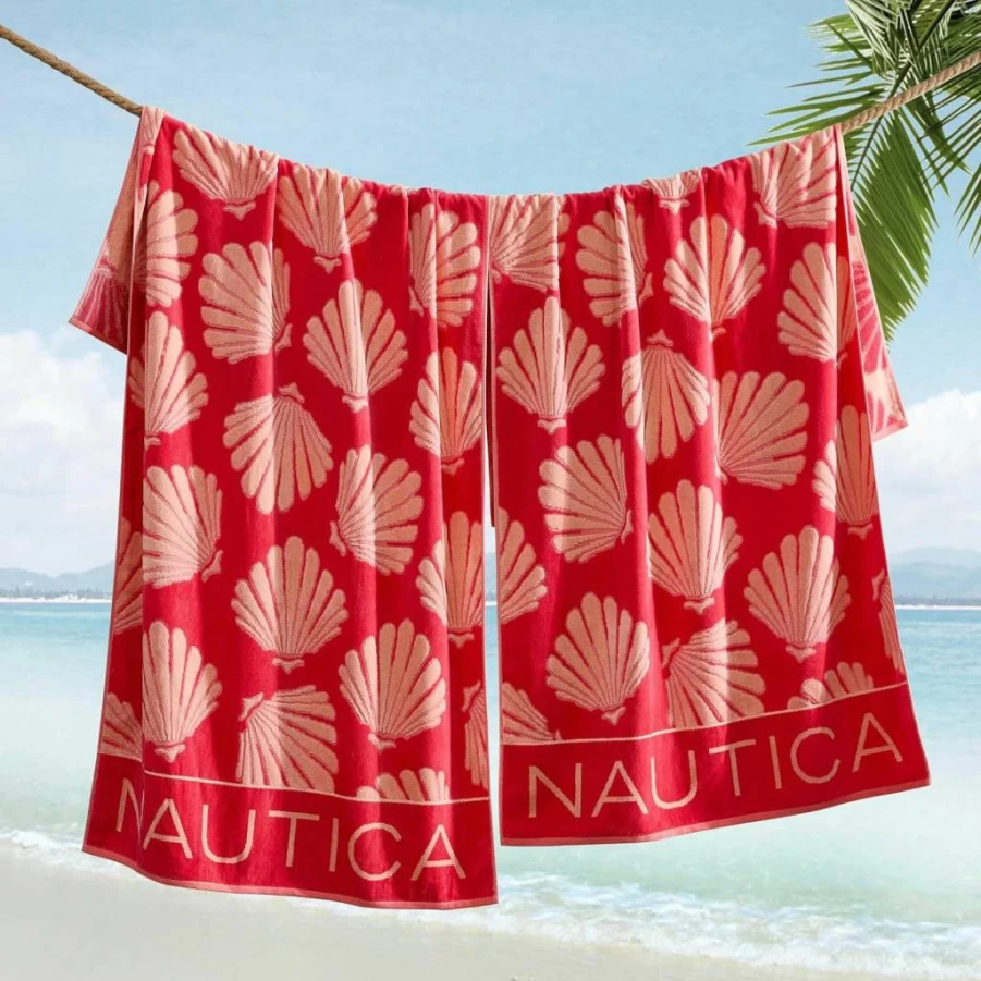 Nautica Oversized Beach Towel Set - 2-Pack Soft Plush Velour Towels, Quick Dry & Absorbent with Hanging Loop, Logo Stripe Pink for Adults, Travel & Vacation Essentials
