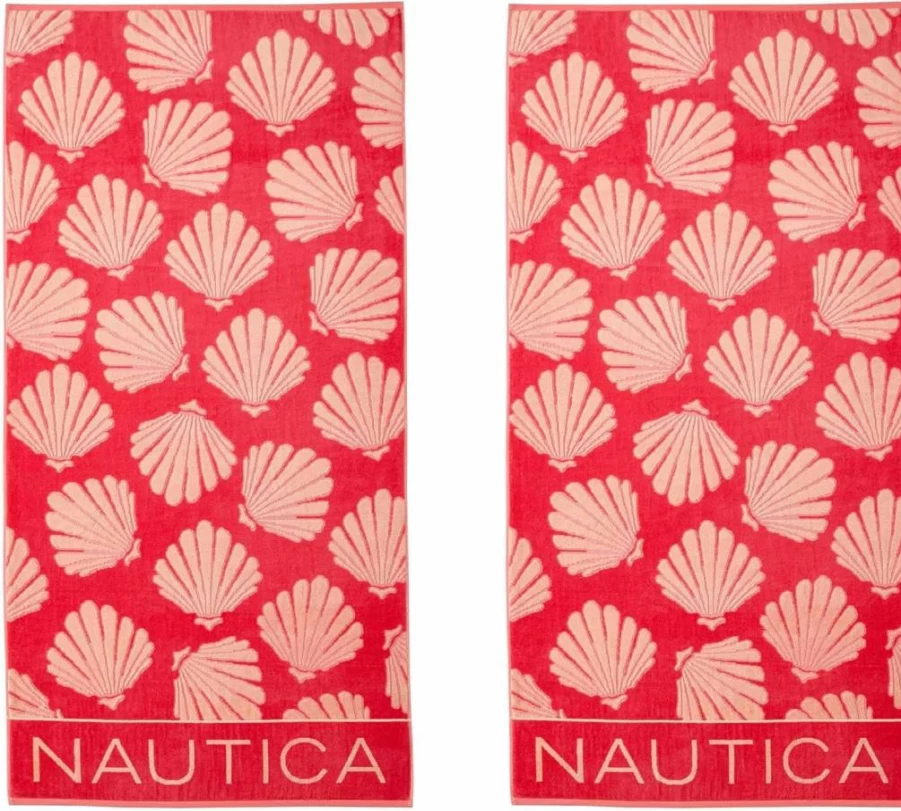 Nautica Oversized Beach Towel Set - 2-Pack Soft Plush Velour Towels, Quick Dry & Absorbent with Hanging Loop, Logo Stripe Pink for Adults, Travel & Vacation Essentials