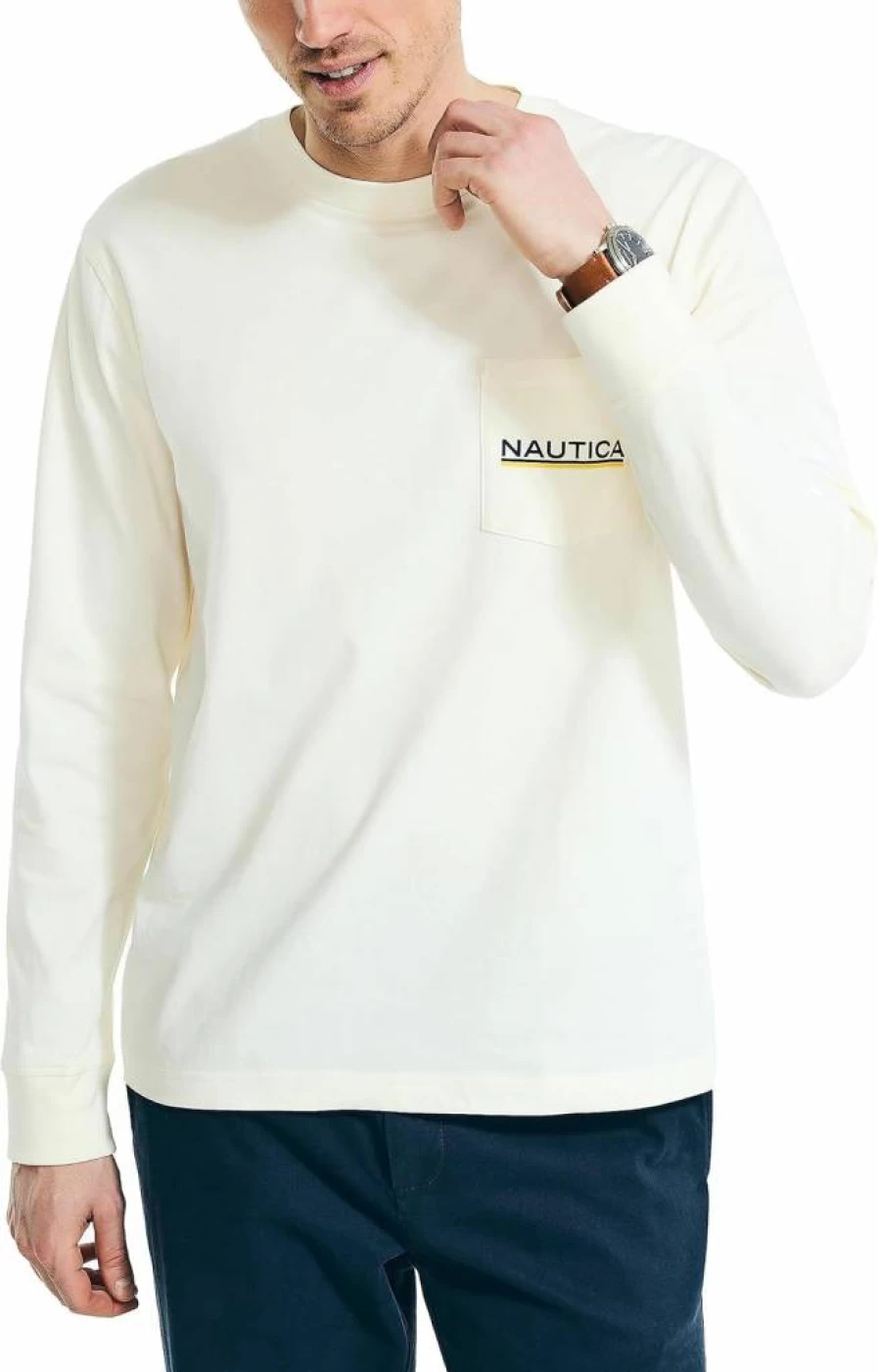 Nautica Men's Graphic Print Long Sleeve Pocket Tee - Casual Crewneck Cotton Shirt