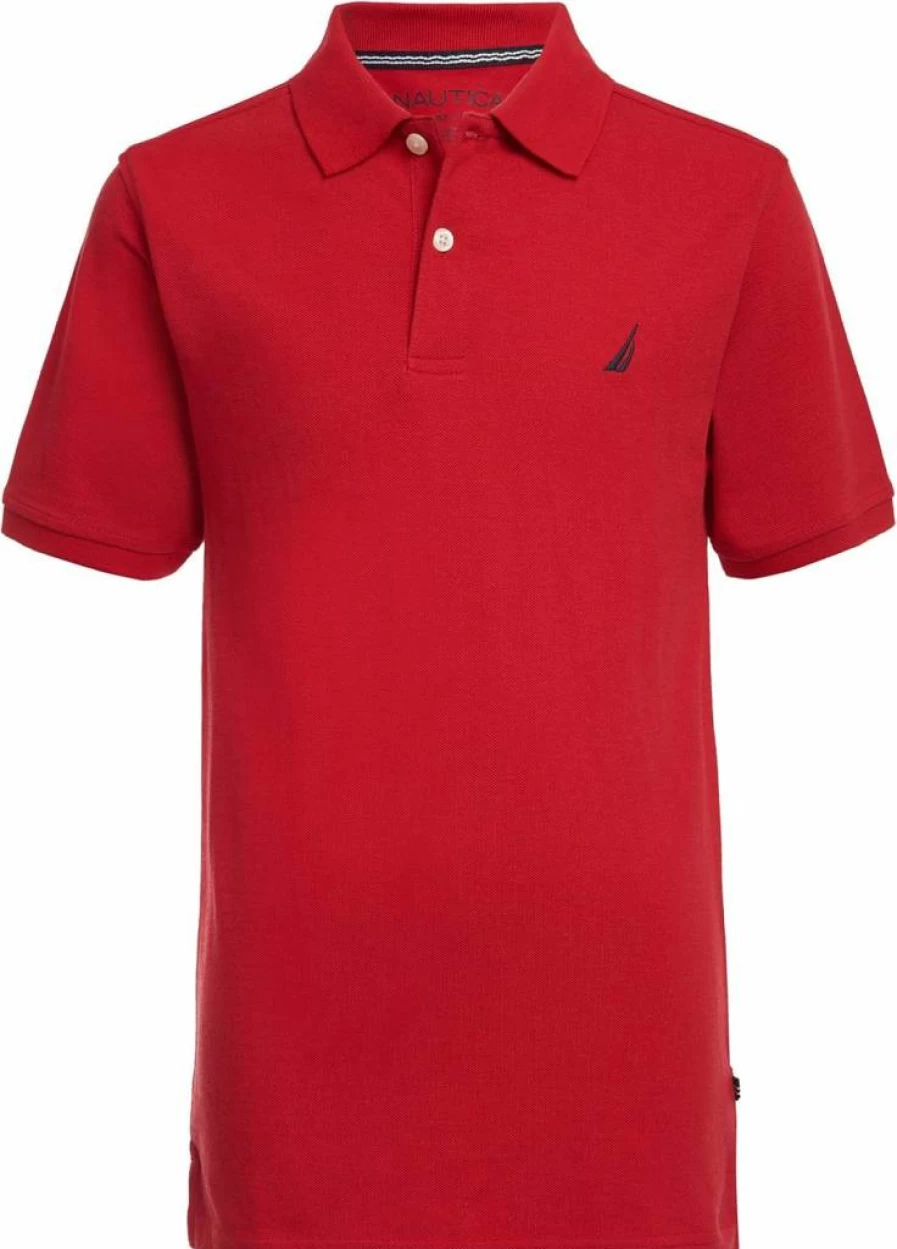 Nautica Boys' Short Sleeve Polo Shirt with Anchor Design, Comfortable Pique Cotton, Button-Up Closure for Kids