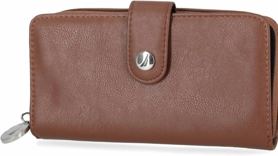 Nautica Women's Vegan Leather RFID Zip Around Wallet with Phone Holder, Card Slots & Checkbook Pocket - Fuego Red Clutch Organizer