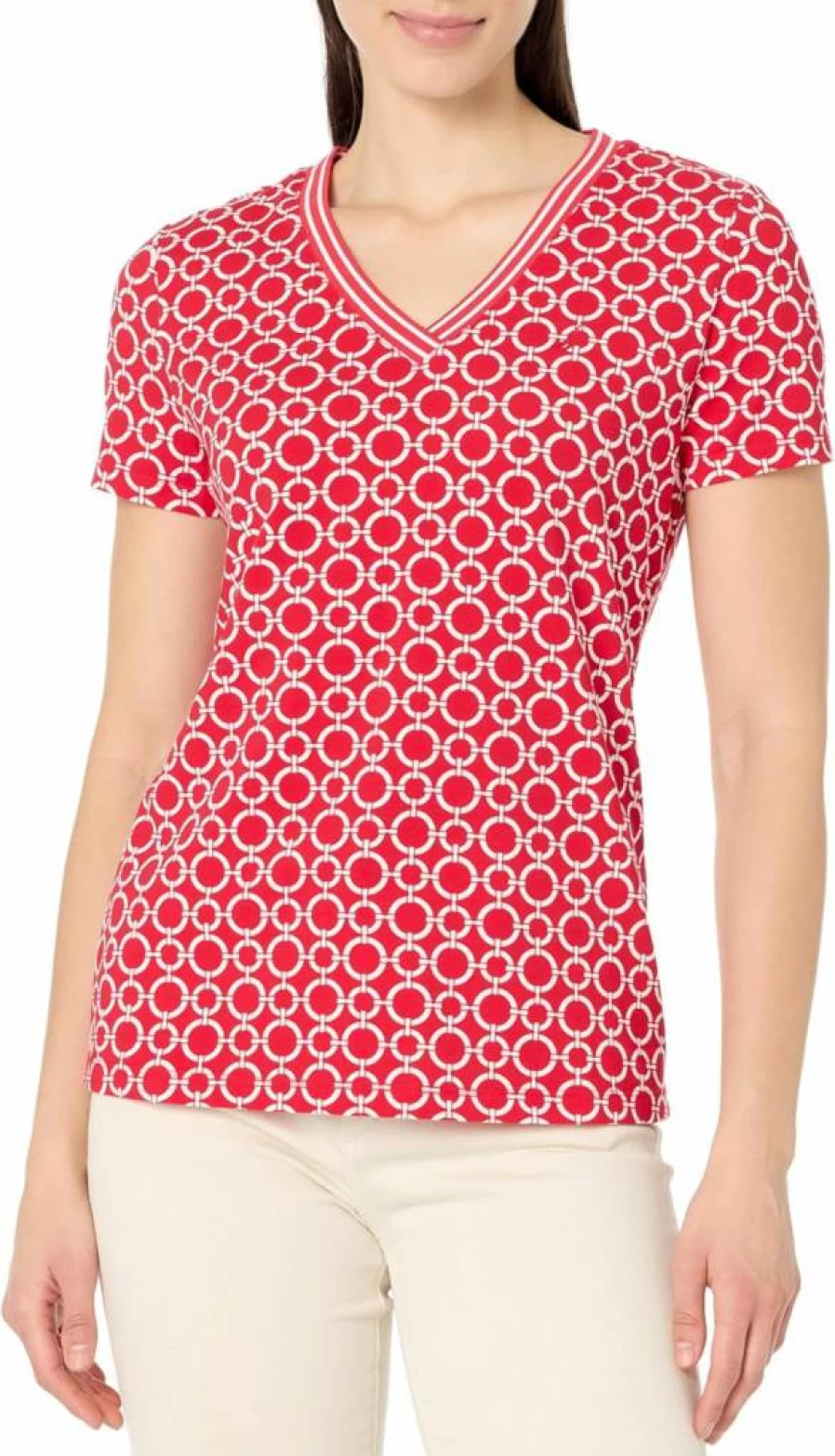 Nautica Women's Circle Link V-Neck Short Sleeve Casual T-Shirt for Everyday Wear