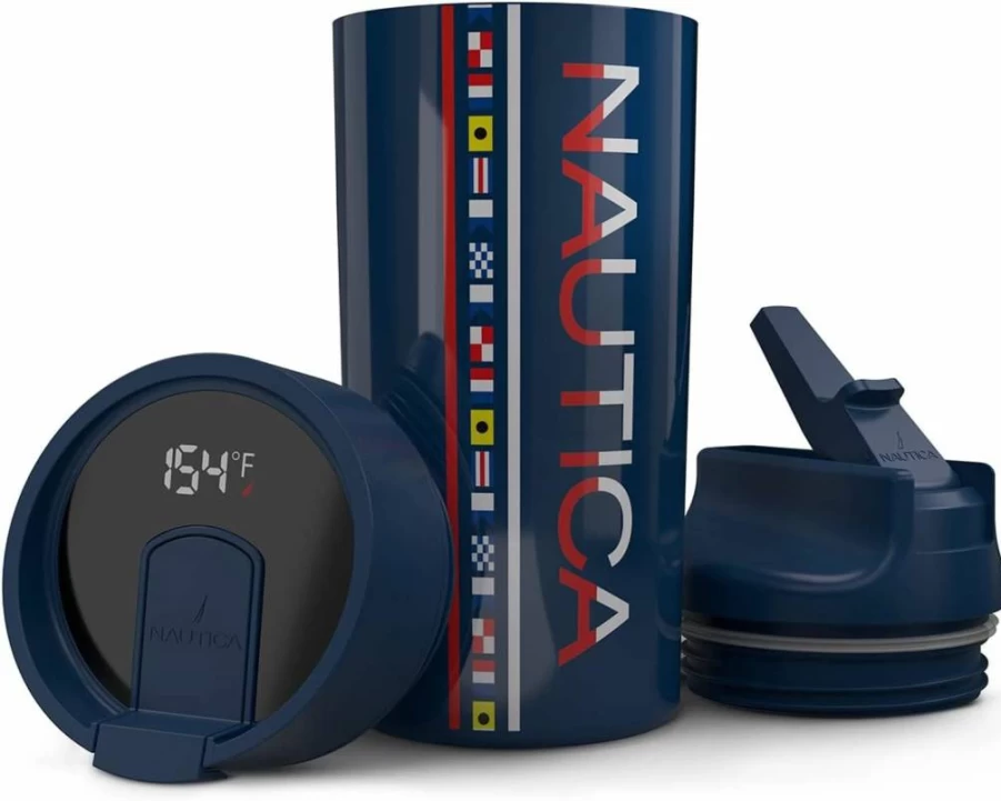 Nautica Stainless Steel Vacuum Insulated Smart Tumbler - 17oz LED Display Water Bottle with Straw, Leakproof Lid, Hot & Cold Retention for Sports (Navy Harbor)