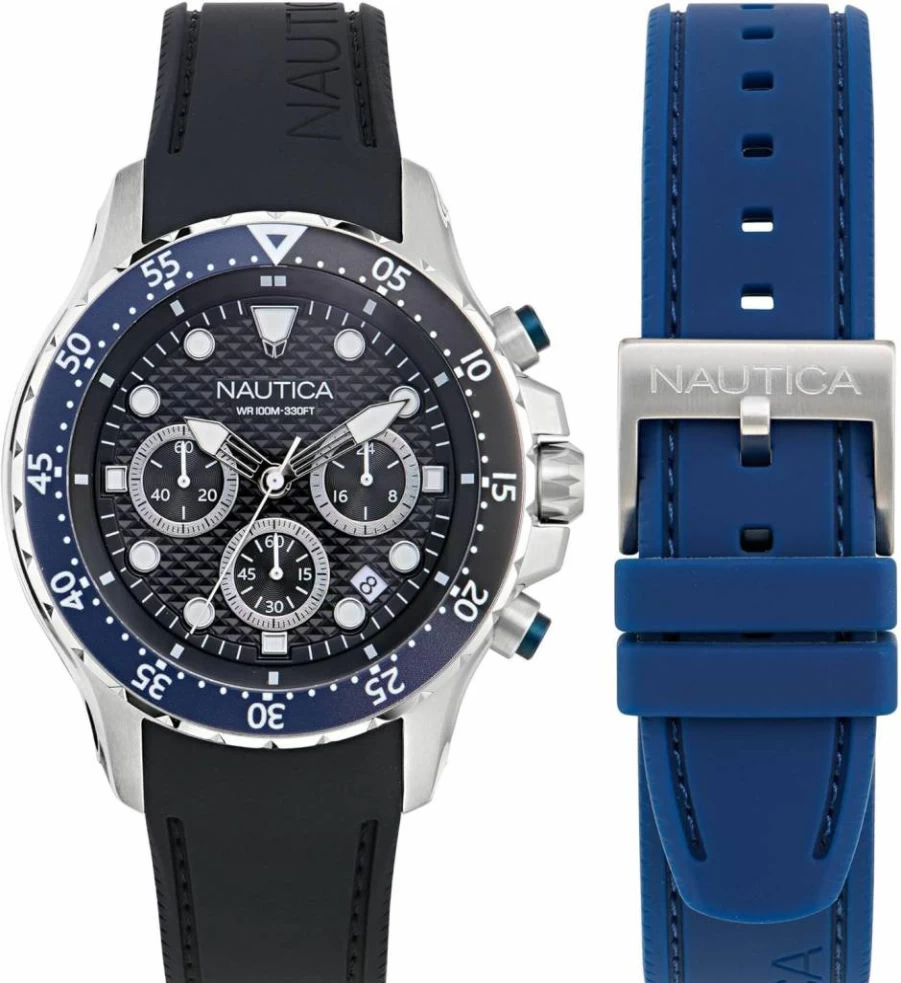 Nautica NST Silicone Strap Watch Gift Set for Men - Waterproof Digital Chronograph Wristwatch with Case