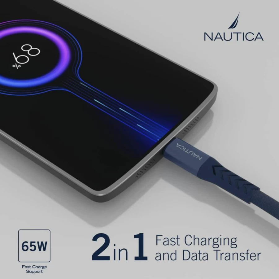 Nautica USB-C to USB-C Fast Charging Cable 7ft with 65W PD & 480Mbps Data Transfer, Compatible with Google Pixel, Samsung Galaxy, iPhone 15 & More (Navy Blue)