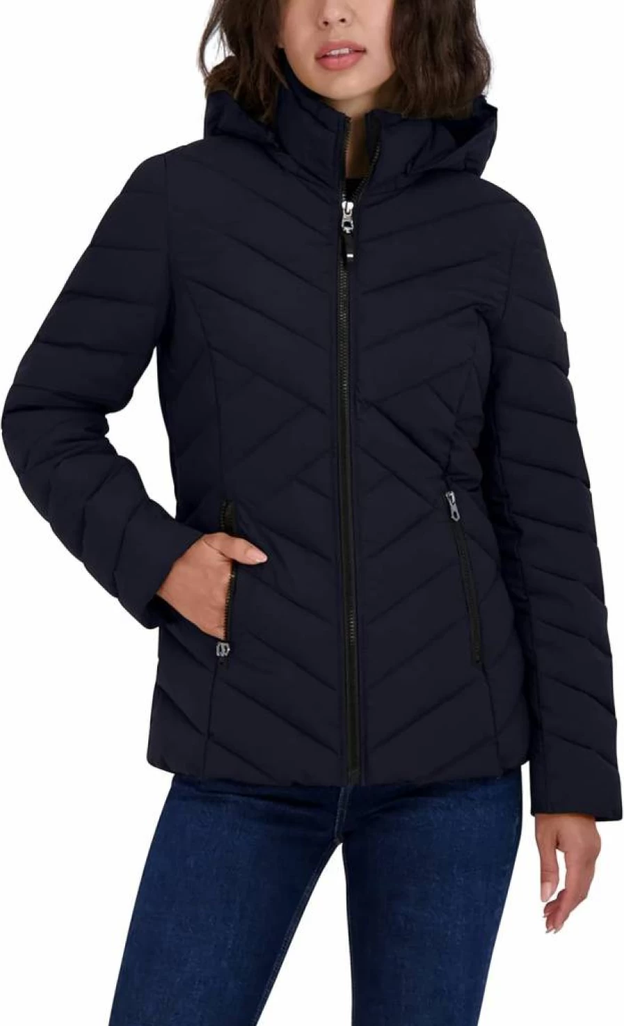 Nautica Women's Lightweight Puffer Jacket with Removable Hood - Stretchable Short Winter Coat for Women