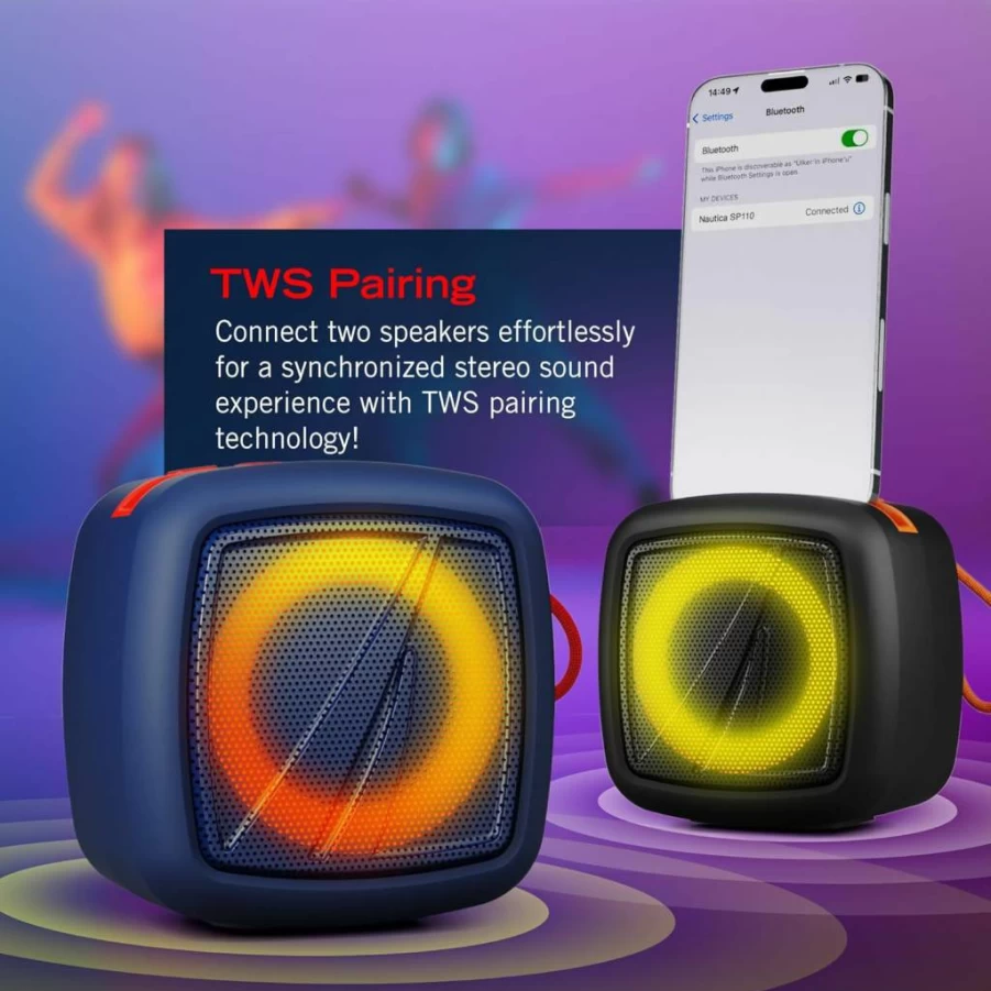 Nautica Wireless Bluetooth Speaker with IPX5 Water Resistance, 15H Playtime, Built-in Phone Holder, TWS Pairing, Dynamic LED Lights, and Pure Bass for Indoor & Outdoor Use (Navy-Red)
