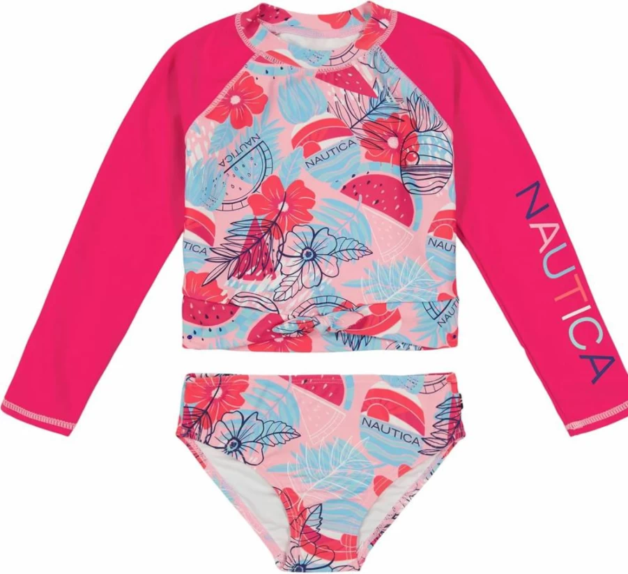 Nautica Girls' UPF 50+ Two-Piece Rashguard Swimsuit Set - Quick-Dry Sun Protective Bathing Suit for Kids