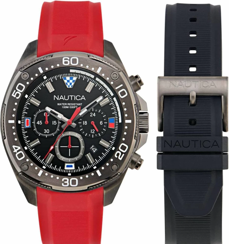 Nautica NCT Blue Sail Men's Watch with Silicone Strap - Waterproof Casual Chronograph Timepiece Box Set