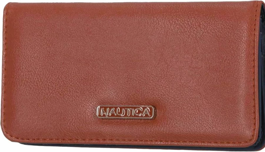 Nautica Women's Slim RFID Blocking Vegan Leather Wallet – Travel Credit Card Holder, Coin Purse & Checkbook Organizer, Indigo Logo Seaside Clutch