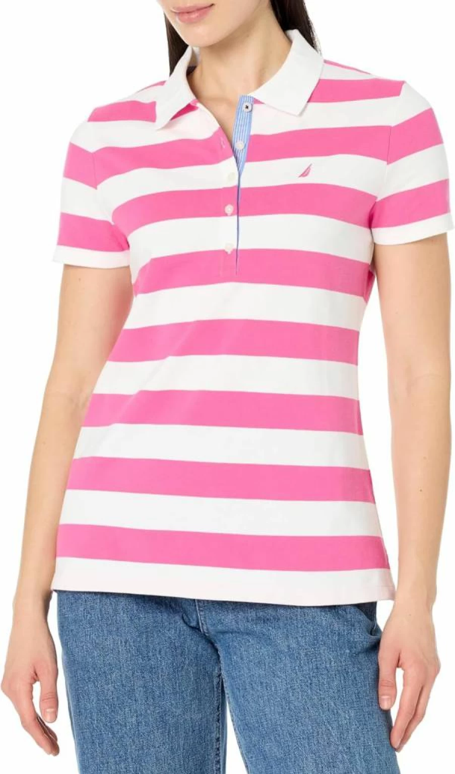 Nautica Women's Classic Short Sleeve Polo Shirt - Comfortable Button Placket Top for Casual Wear