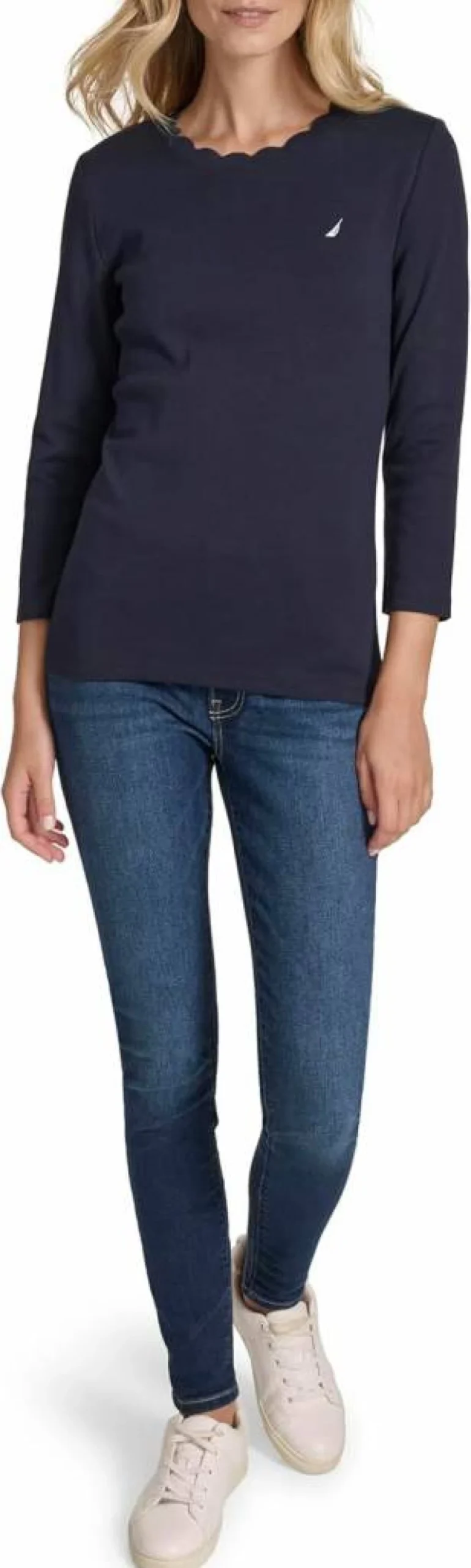 Nautica Women's Cotton Scalloped Knit Top - 3/4 Sleeve Solid Color Casual Blouse
