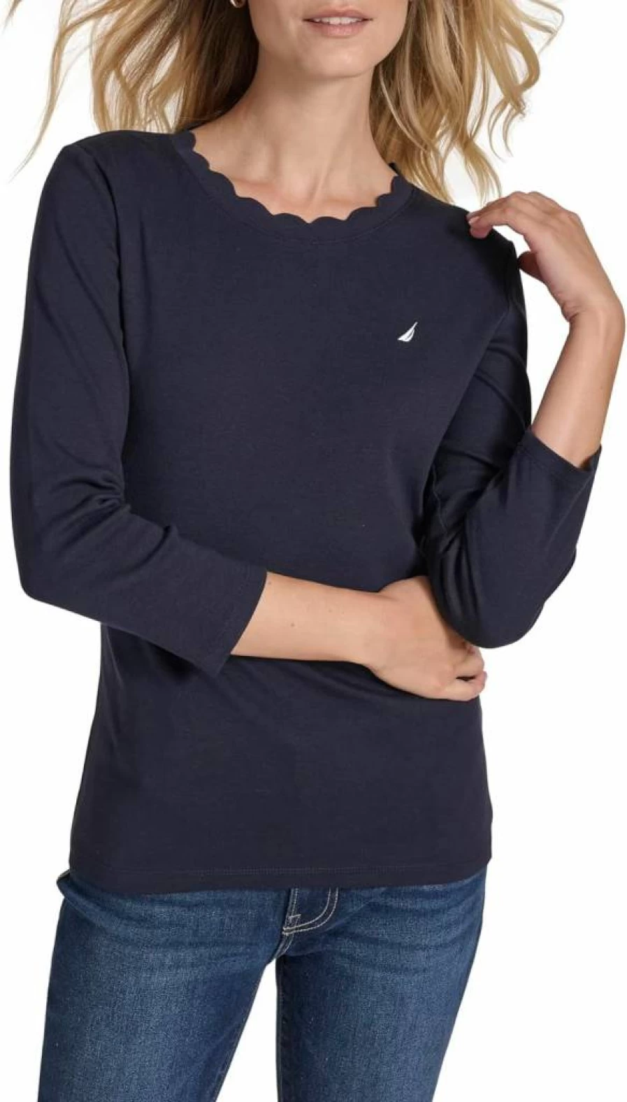 Nautica Women's Cotton Scalloped Knit Top - 3/4 Sleeve Solid Color Casual Blouse