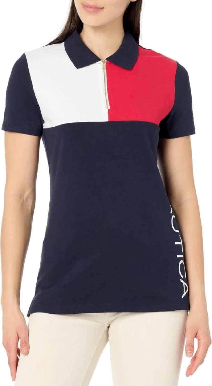 Nautica Women's 1/4 Zip Placket Polo Shirt Short Sleeve Casual Top