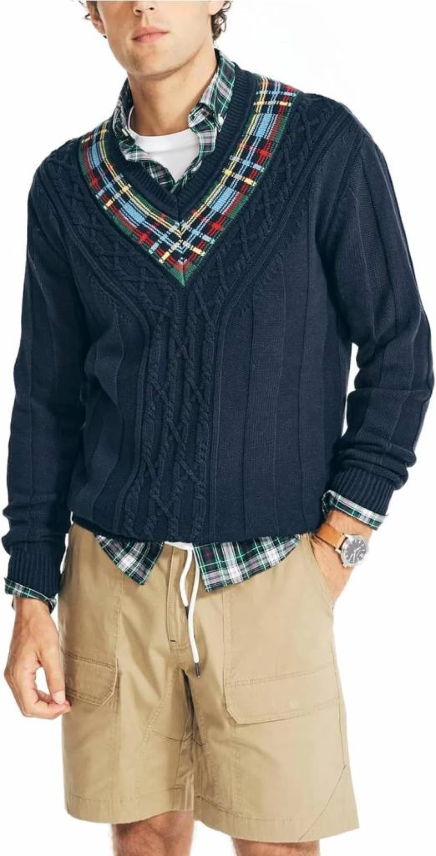 Nautica Men's Cable-Knit V-Neck Sweater Plaid Reissue Classic Casual Pullover
