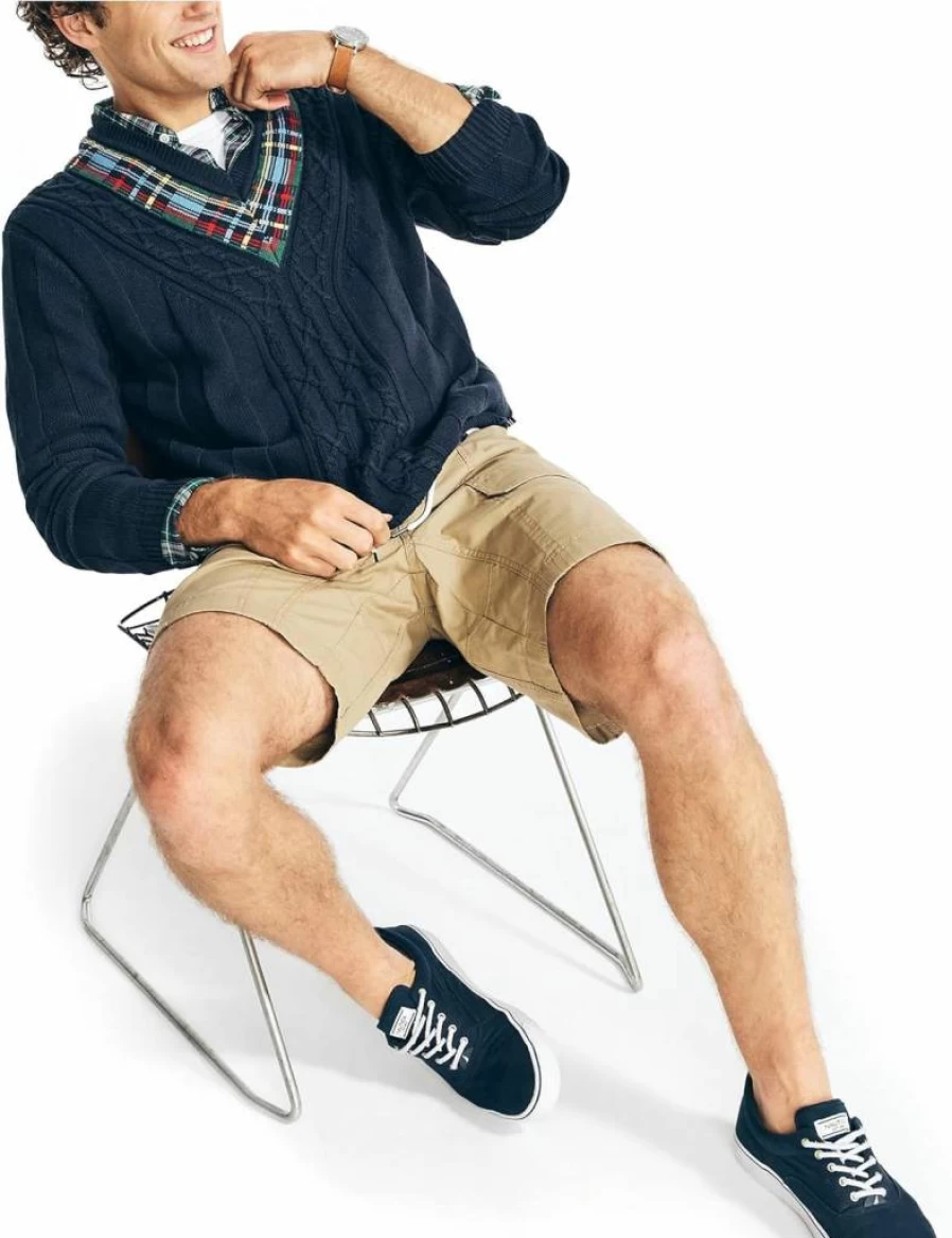 Nautica Men's Cable-Knit V-Neck Sweater Plaid Reissue Classic Casual Pullover