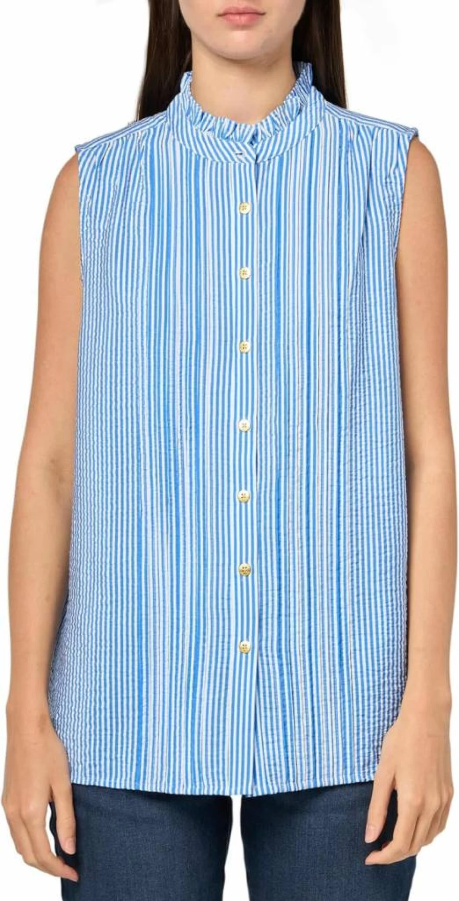 Nautica Women's Striped Sleeveless Shirt with Pintuck Details and Ruffle Neck Tile Print Design