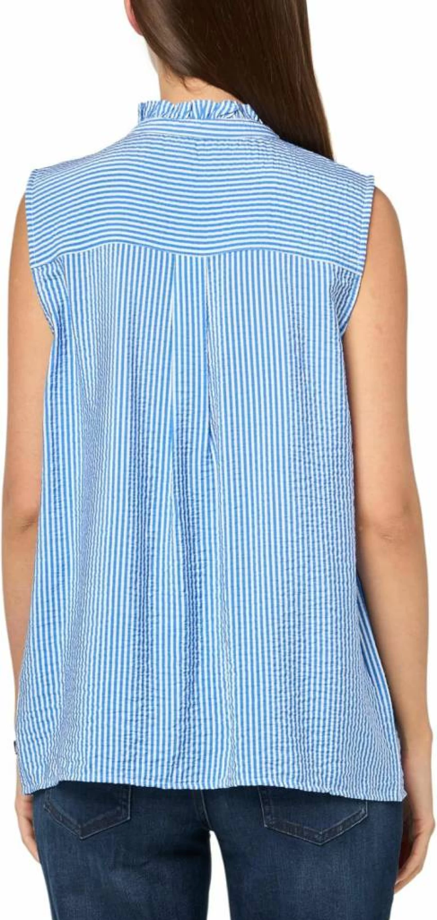 Nautica Women's Striped Sleeveless Shirt with Pintuck Details and Ruffle Neck Tile Print Design