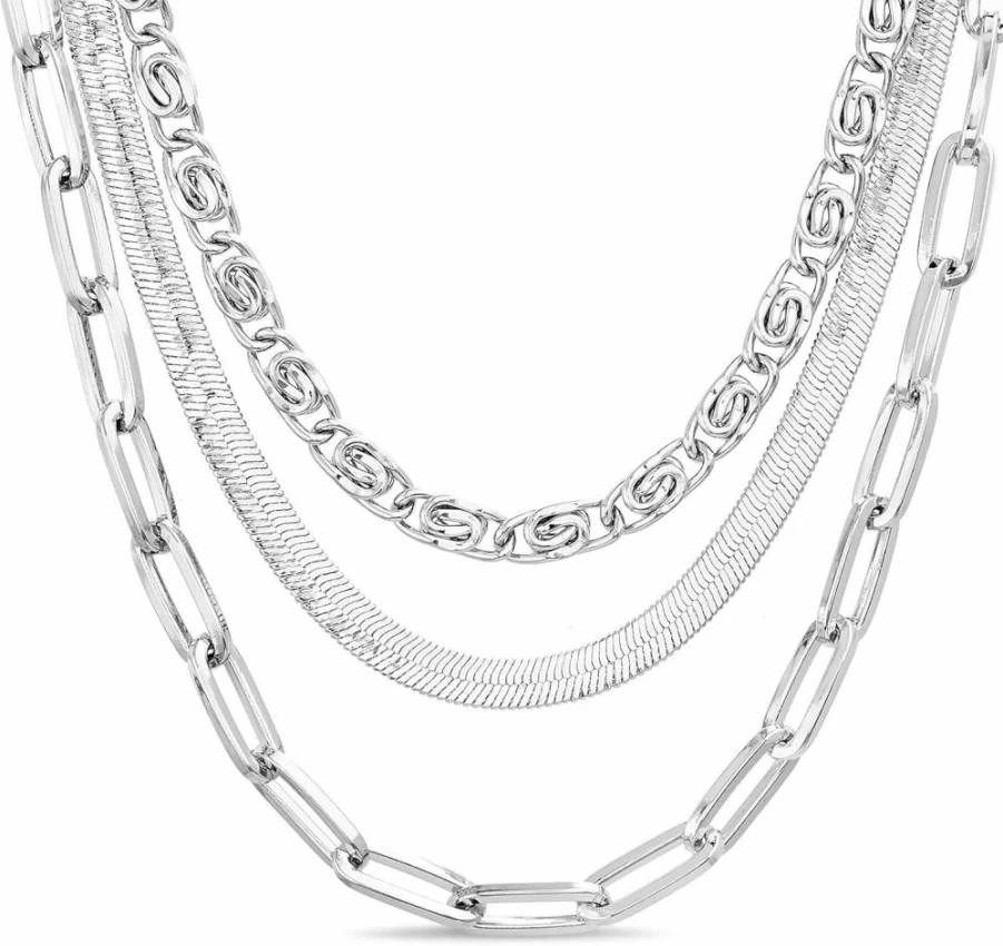Nautica Women's 14K Gold Plated Layered Chain Necklace - Triple Row Swirl, Herringbone & Paperclip Design Statement Jewelry