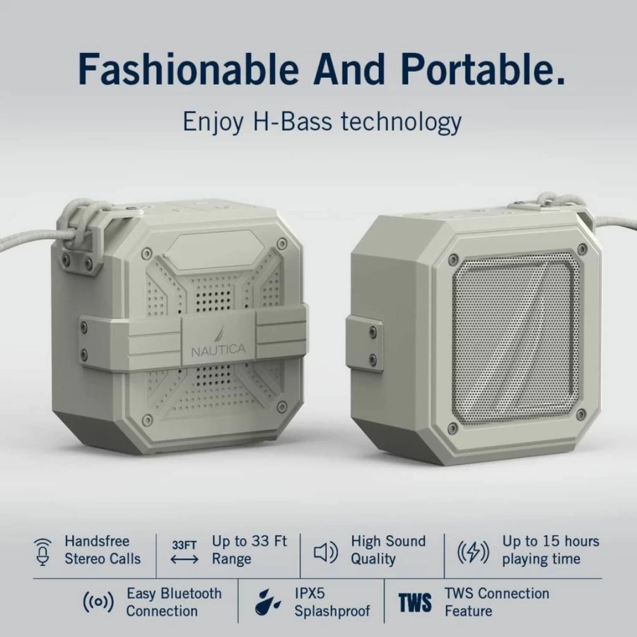 Nautica Waterproof Bluetooth Speaker - Portable Wireless Outdoor Speaker with 15-Hour Playtime, Loud Clear Sound, USB Drive Support (Gray/White)