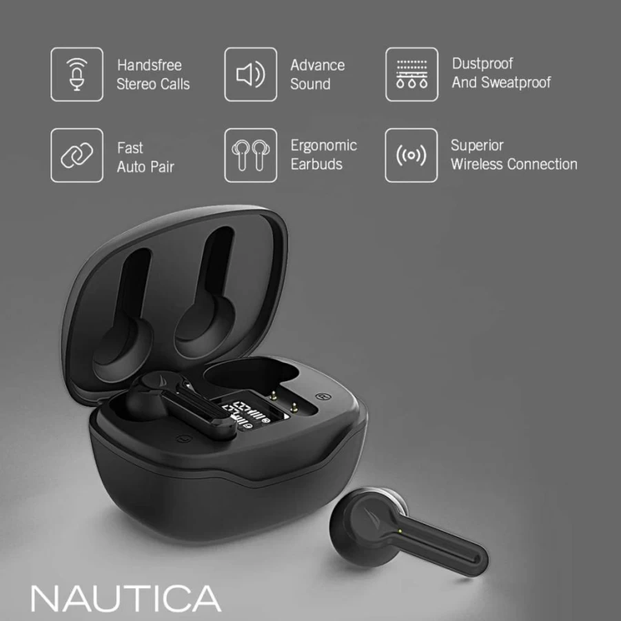 Nautica T400 Wireless Earbuds Bluetooth 5.0 with Charging Case, 20H Playtime, IPX5 Waterproof, Noise Cancelling, Built-in Mic, Comfort Fit for Sports & Travel (Black)