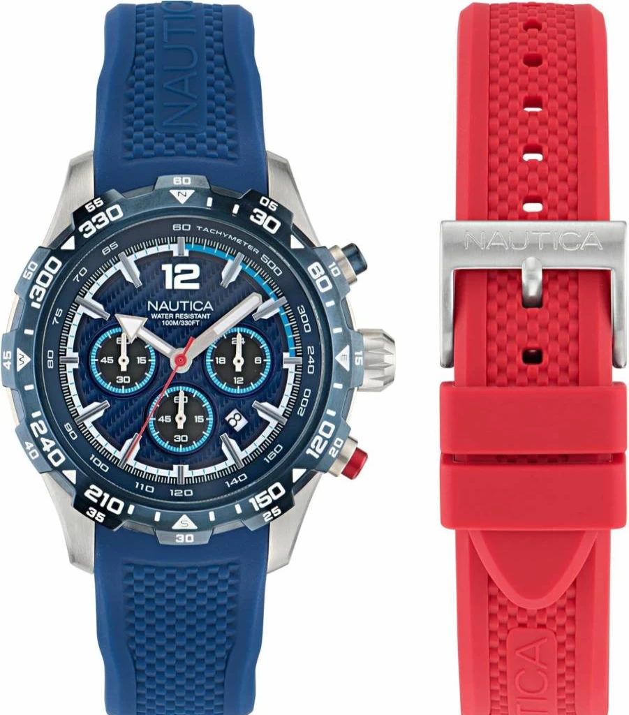 Nautica Men's Blue and Red Silicone Strap Watch - Model NAPNSS401 | Waterproof Casual Wristwatch for Men